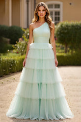 Mintgrünes A-Linie Eine Schulter Ballkleid aus Tüll mit Rüschen